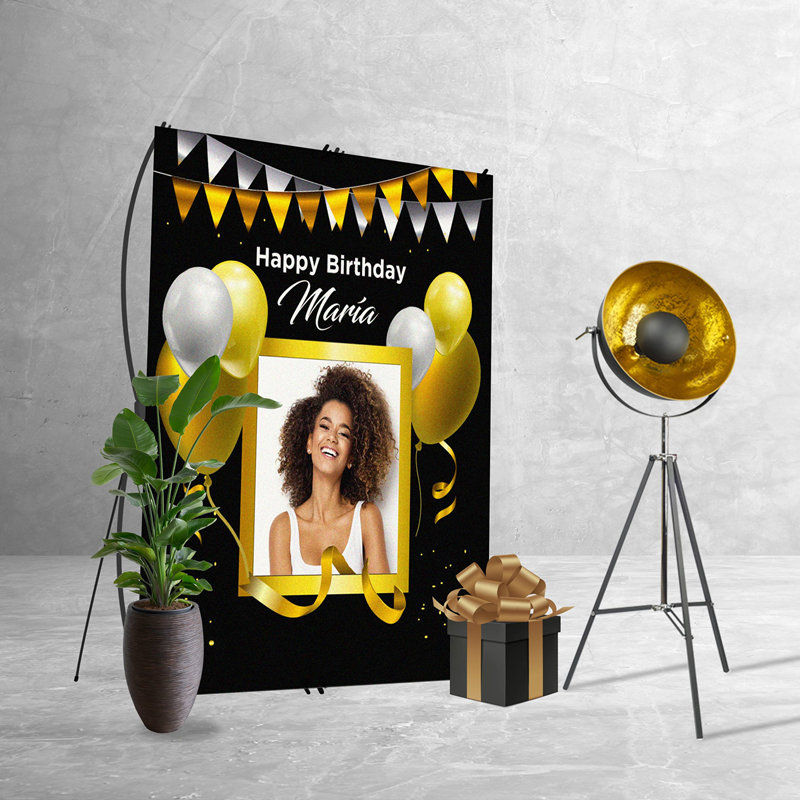 ▷ Photocall Cumpleaños personalizado Negro y oro - Envío Gratis